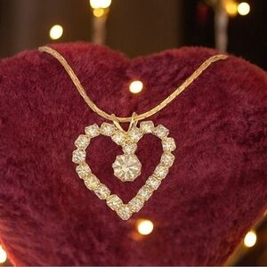 Vintage 14K Gold Plated Red White Crystal Heart Pendant Chain Necklace NIB